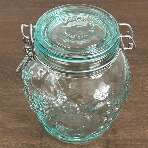 HERMETIC GREEN TINT GLASS FRUIT EMBOSSED 6" CANISTER WIRE BAIL HINGED LID ITALY - Picture 2 of 15